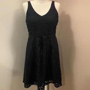 LOFT Dark Navy Lace V-Neck Mini Belted A-Line Dress Size 6P